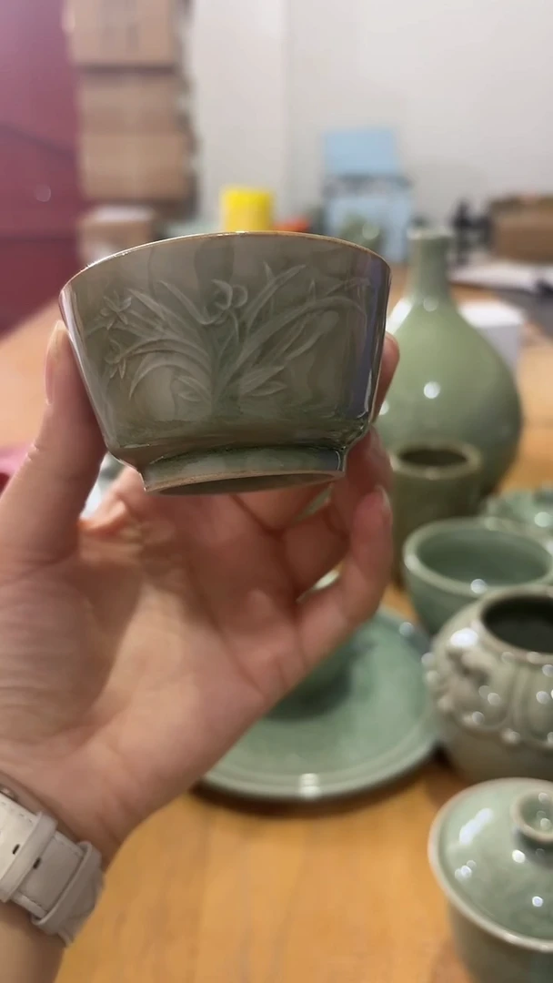 瓷片耀州窑TS035微瑕 片儿白 兰花马蹄杯 一个