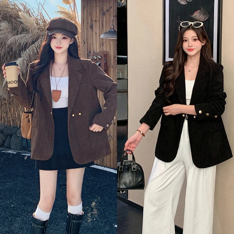 优雅休闲修身显瘦灯芯绒西装外套时尚气质2025秋装新款胖mm大码女