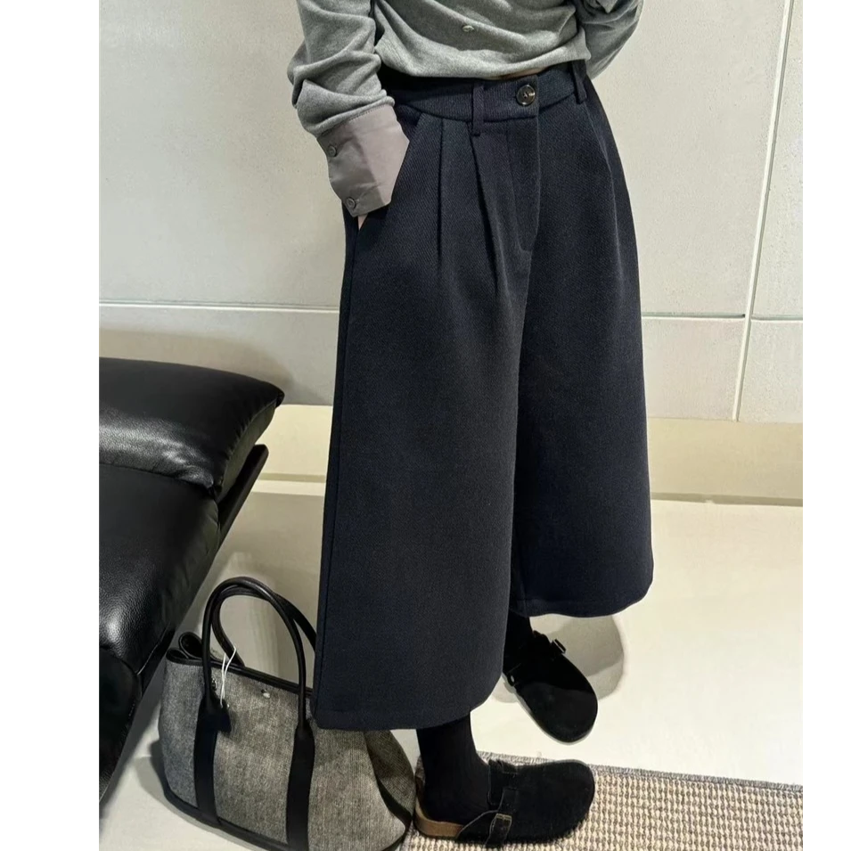 秋冬韩系气质直筒毛呢中裤女宽松休闲八分阔腿裤显瘦通勤七分裤