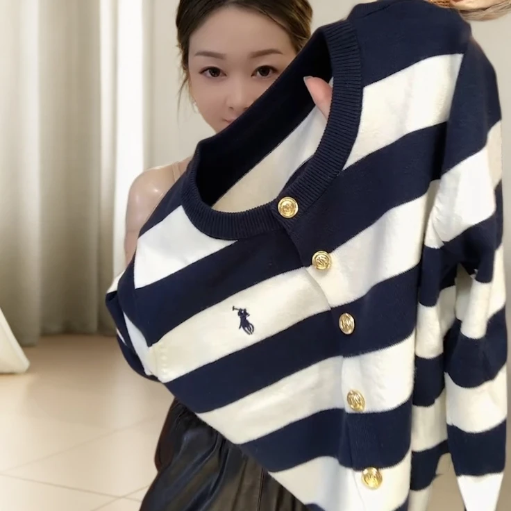 设计感小众条纹刺绣长袖针织衫女早秋早春季新款女装慵懒风上衣女