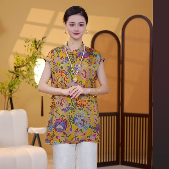 2025春夏款新款花色新中式百搭时尚斜襟盘口显瘦轻奢复古印花小衫
