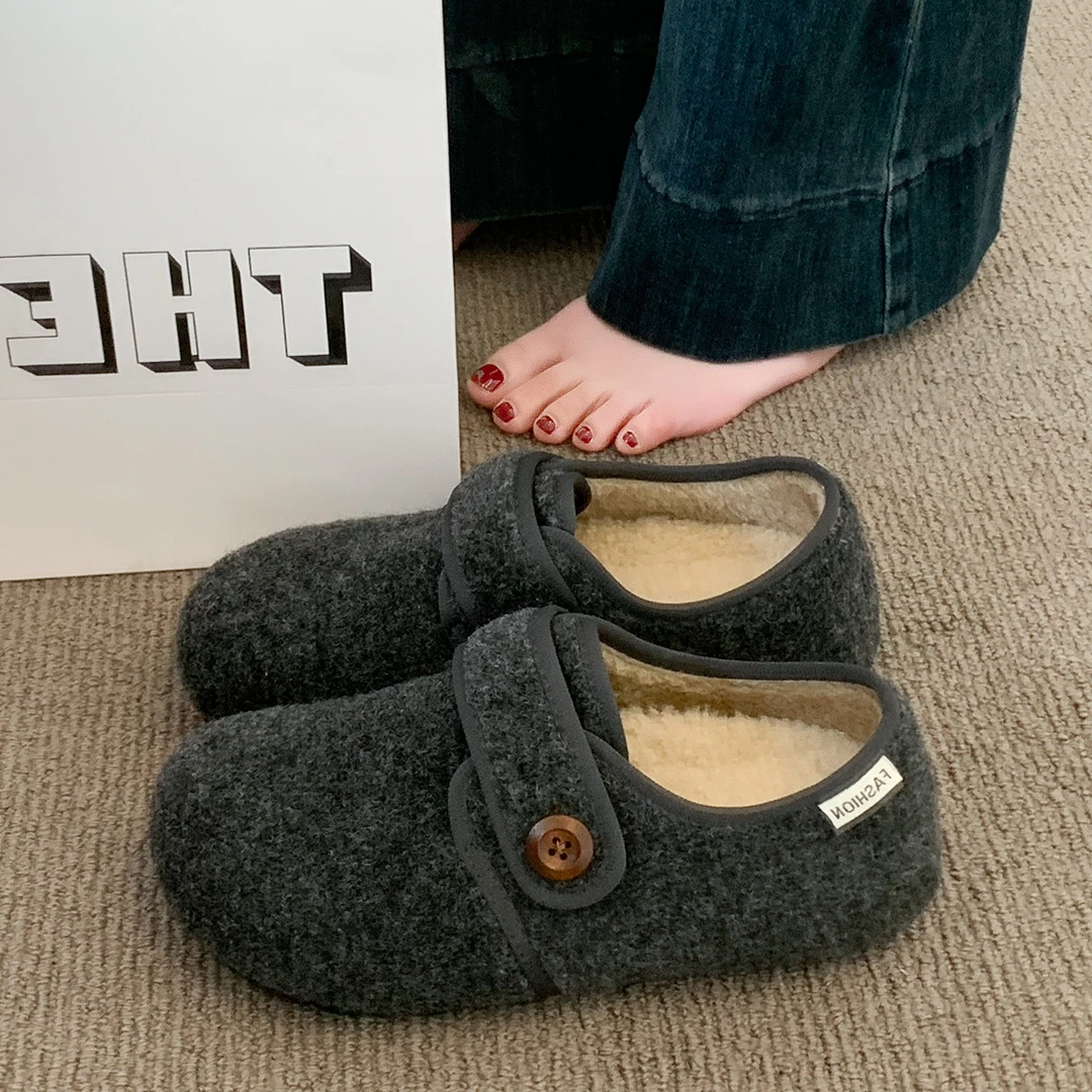 厚底灰色加绒豆豆勃肯鞋女毛毛鞋2025新款秋冬季鞋子保暖乐福棉鞋