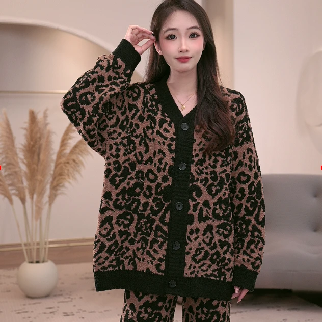 VINEEMANVINEEMAN【慵懒豹纹】睡衣女士新款长袖大码豹纹秋冬季家居