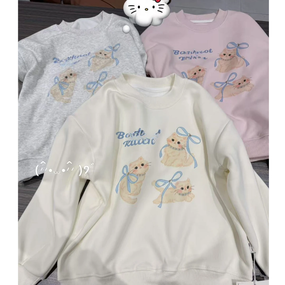 A002韩系女童新款丝带小猫印花圆领长袖卫衣