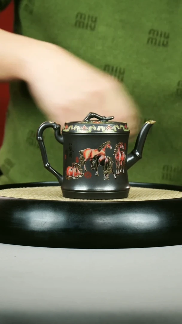 茶壶紫砂石黄 竹段 珐琅彩八骏图