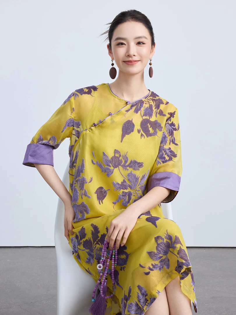 鑫燃KIKI 新中式时尚烧花连衣裙 25028 ZHT