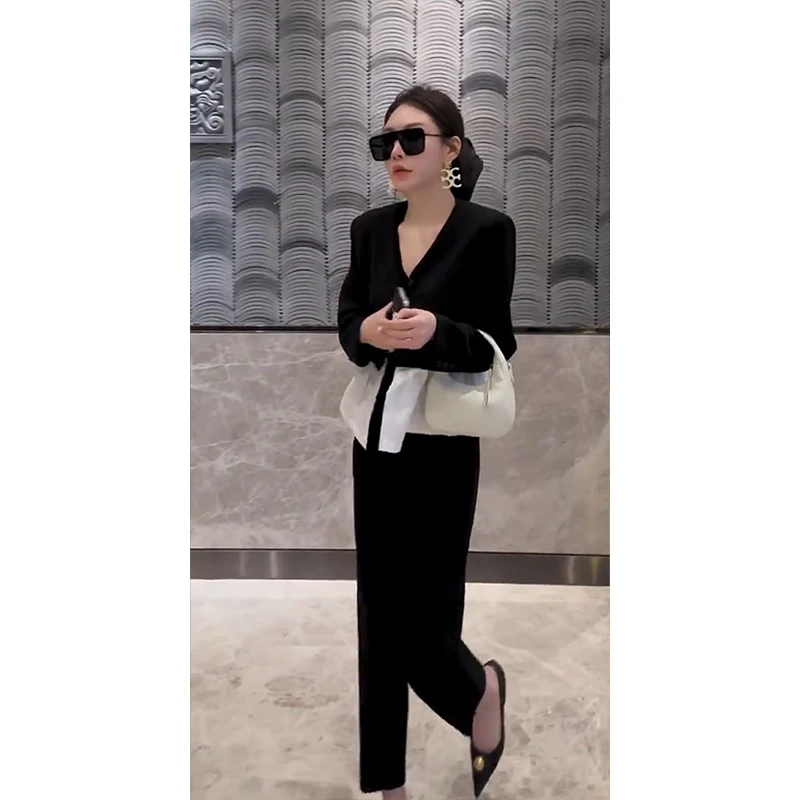 2025春季新款韩版时尚气质休闲职业套装女撞色西装外套长裤两件套