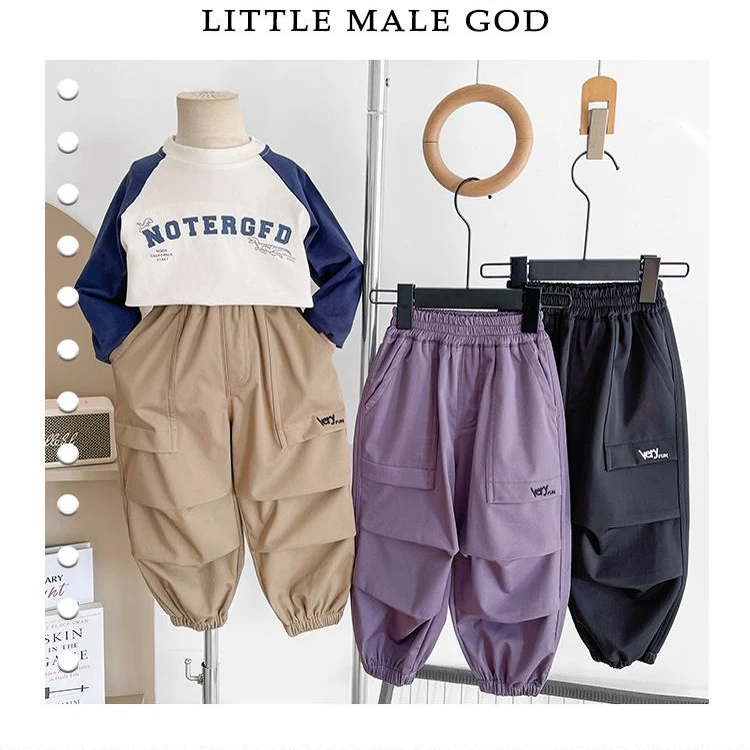 子航同款 春季新款儿童韩版刺绣帅气字母工装休闲裤ck7004