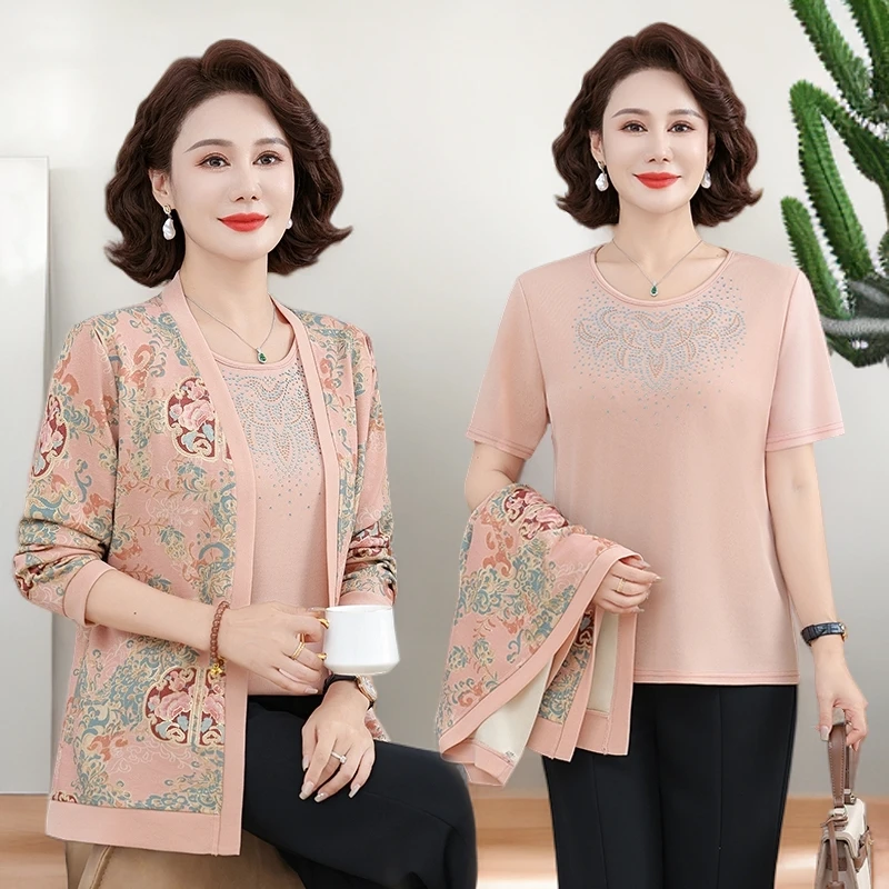 春秋季新款中老年女气质短袖开衫外套两件套减龄显瘦休闲妈妈装