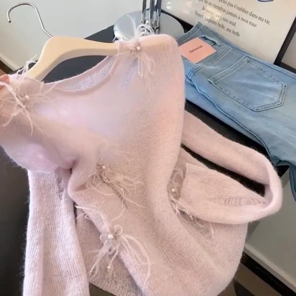 固质自留款推荐~钉珠镂空长袖针织衫女春秋季新款一字肩修身上衣