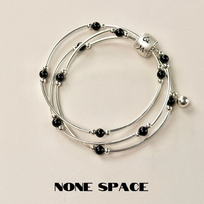无境NONE SPACE【三重奏】小众设计个性时尚三圈黑玛瑙银手链