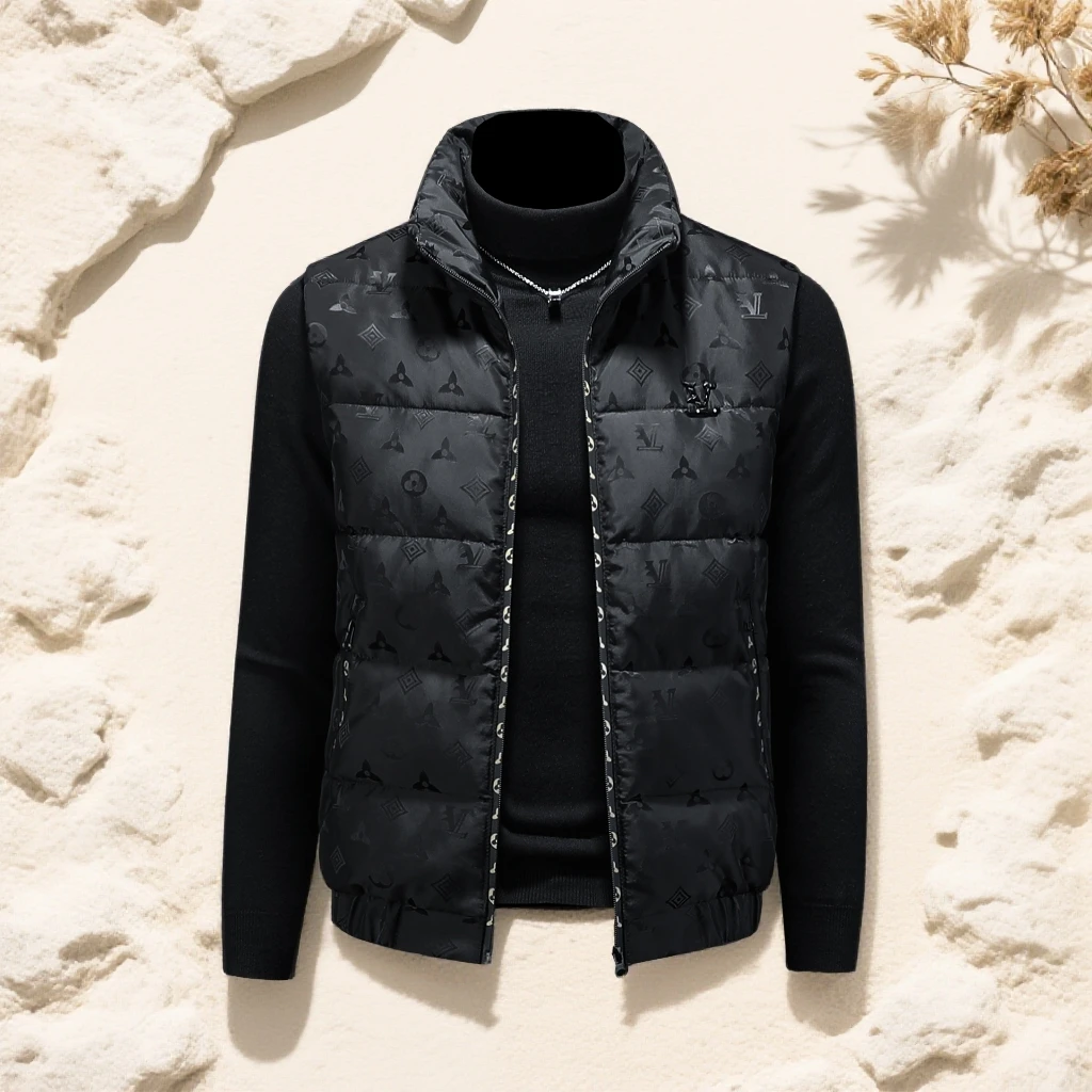 诺顿雷斯提花黑色立领羽绒马甲男轻薄保暖修身外穿冬季羽绒服外套