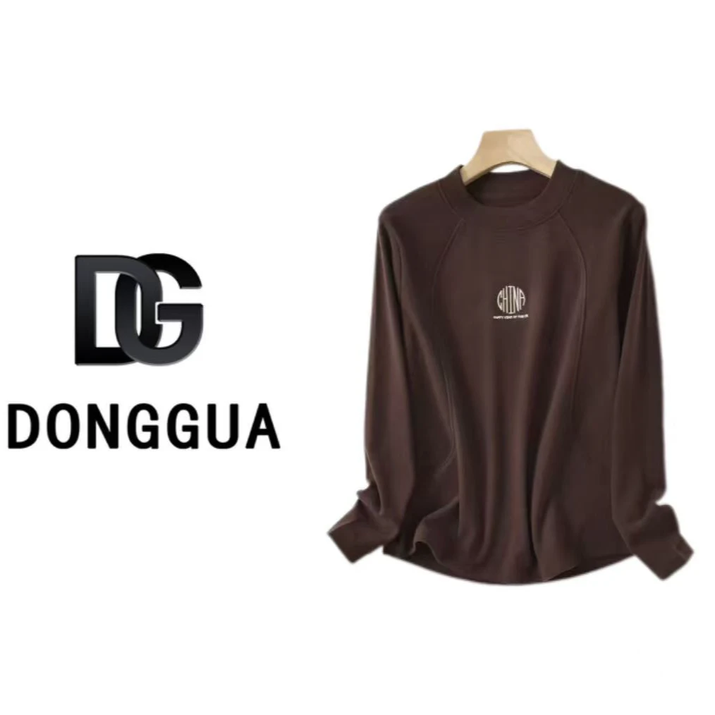 【DONGGUA】圆领上衣长袖修身显瘦加绒加厚百搭打底宽松绣花学院