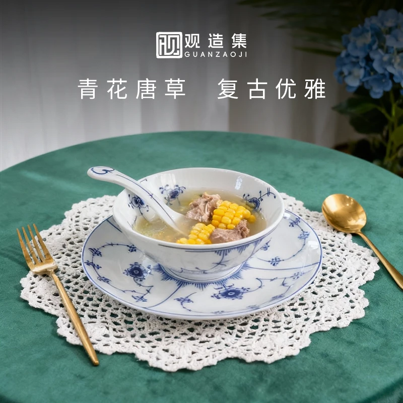 【观造集/万寿春藤】景德镇高温白瓷陶瓷碗盘精致一人食三件套碗盘