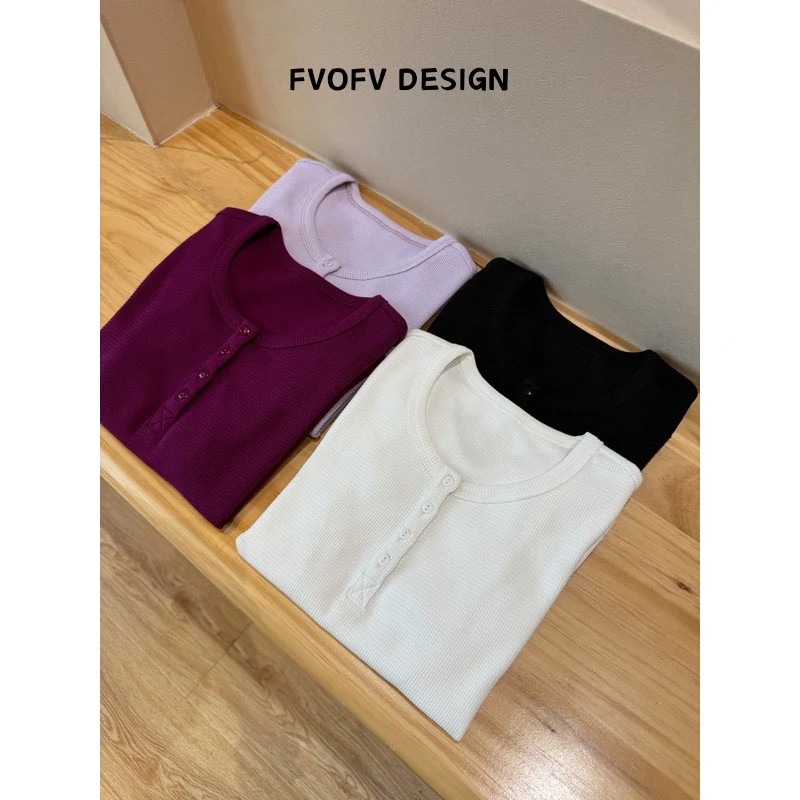 FVOFV（升级小蛮腰）华夫格棉排扣显瘦短袖上衣J0049