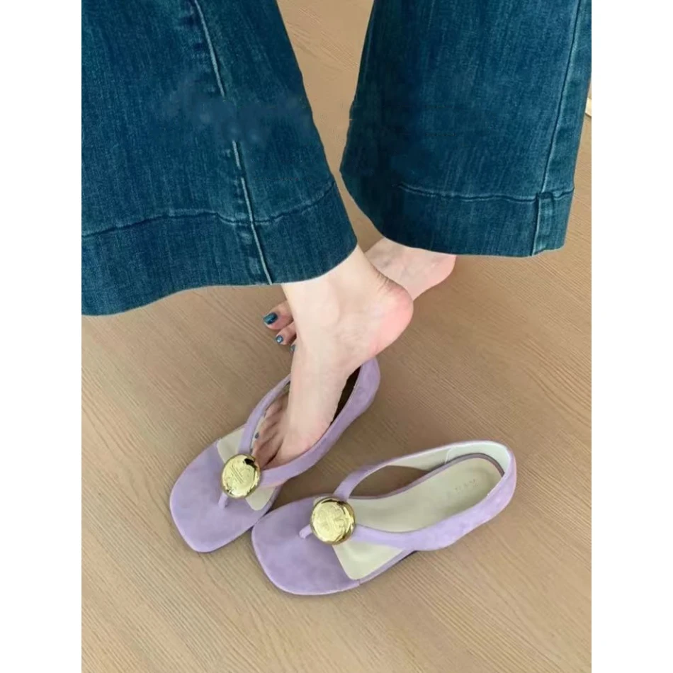 升级版5cm内增高金属圆扣夹趾凉鞋女2025年夏季新款银色凉拖鞋女