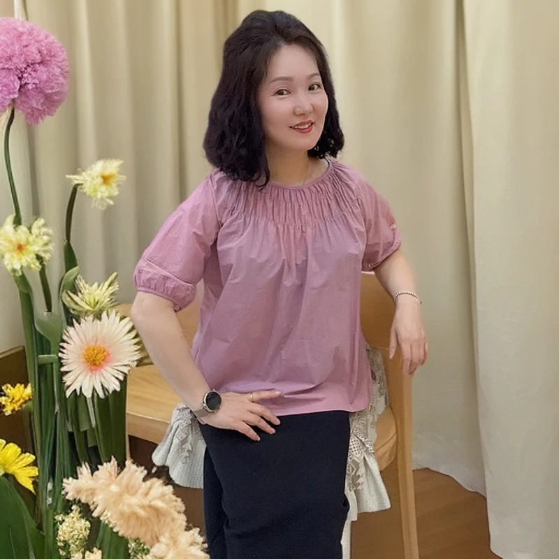 彥竹韩国正品宽松时尚夏季休闲百搭衫小衫上衣泡泡袖紫色圆领夏装