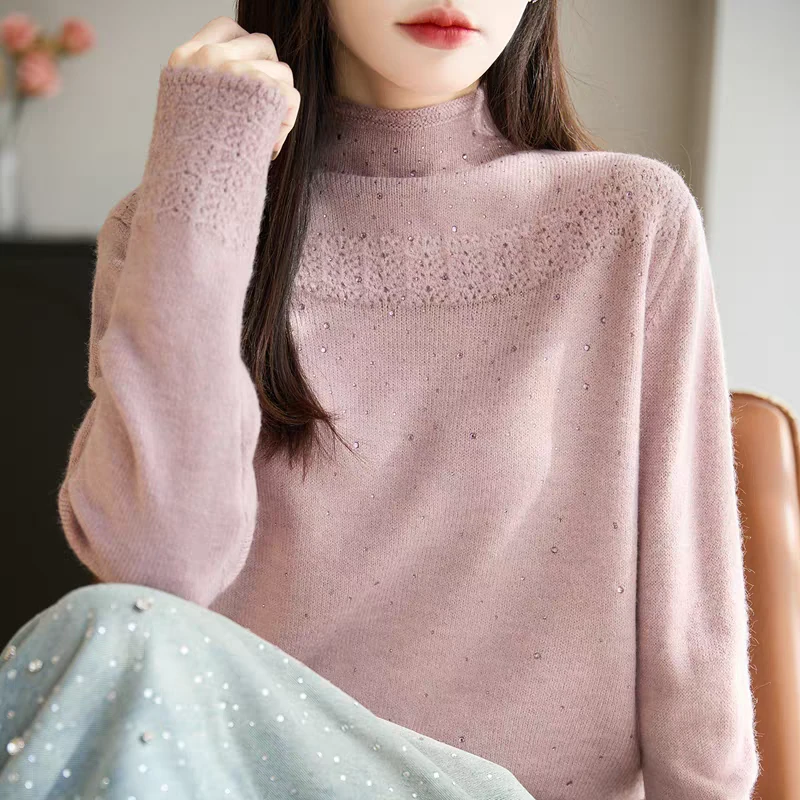 糯米绒烫钻砖半高领毛衣冬季新款洋气百搭纯色毛衣针织衫