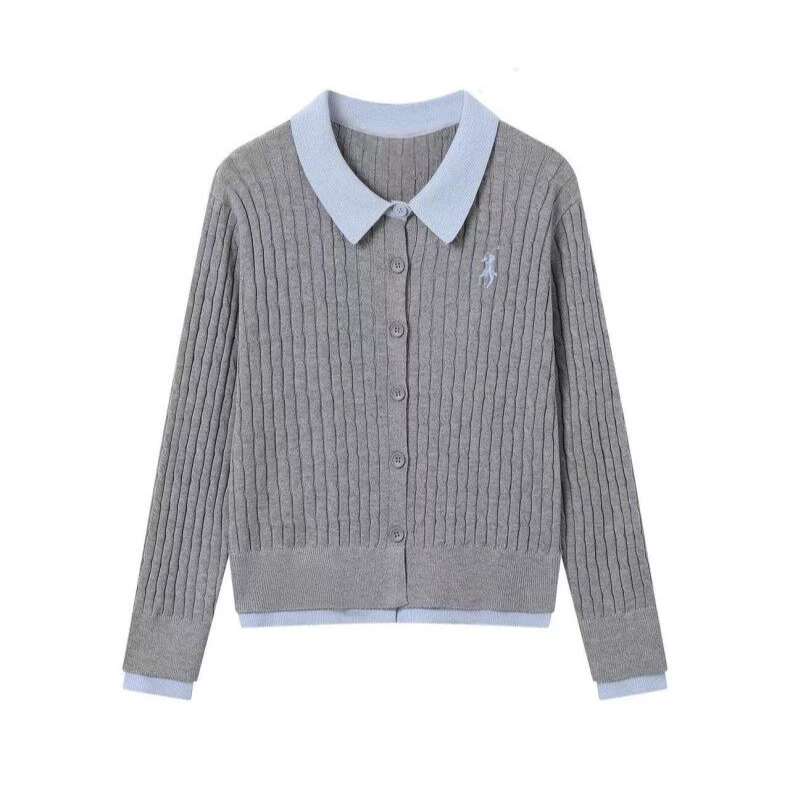 【大码】  高级灰正肩polo领假两件简约拼接开衫英伦风针织外套1508