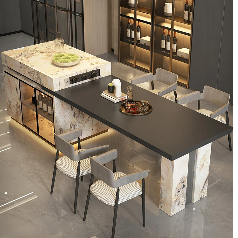 岛台餐桌一体家用倒台导台加厨房岩板中岛台高级定制意式餐厅收纳