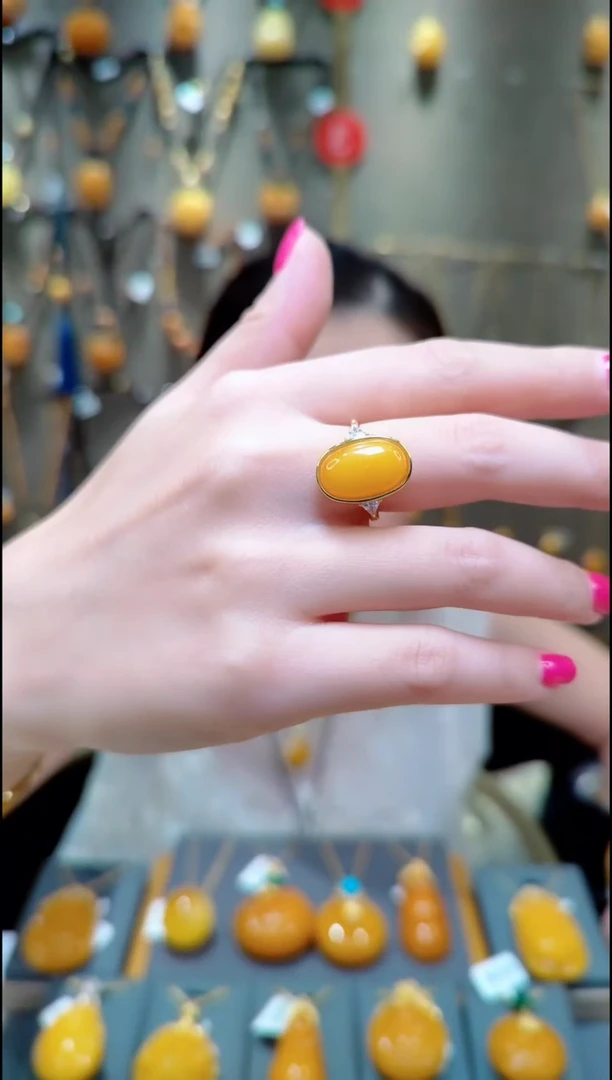 蜜蜡银S925镀金镶嵌戒指﹣E953蜜蜡戒指