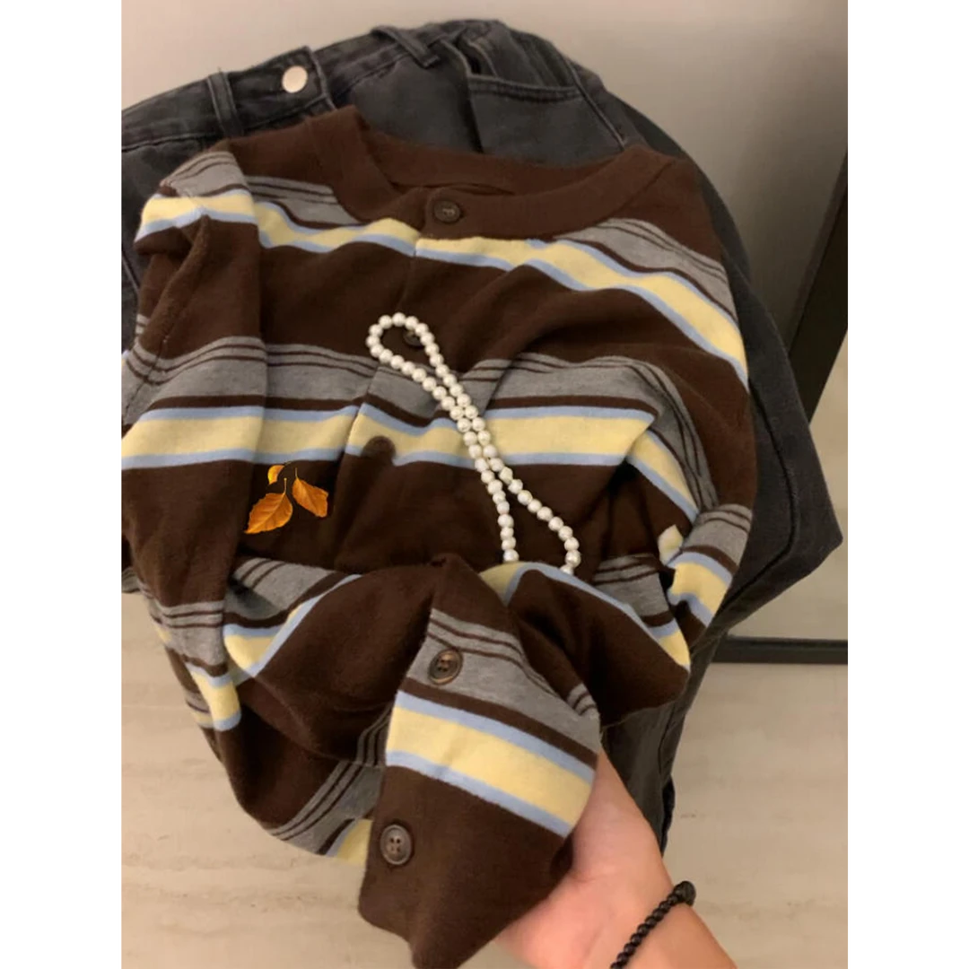 怒推！版型巨显瘦！美拉德咖条纹针织衫女外搭复古撞色毛衣开衫上衣