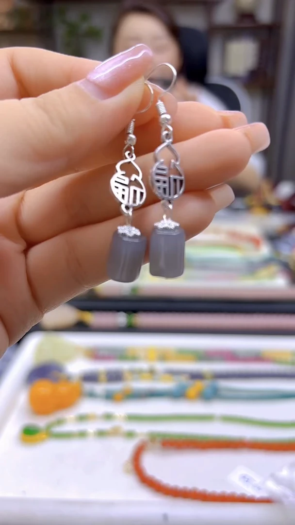 和田玉银S925镶嵌耳饰DIY款E357