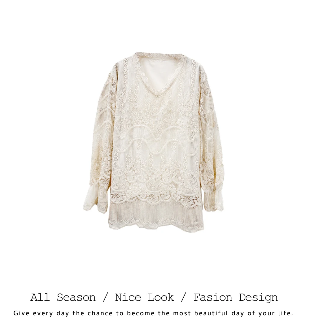 995    休闲杏色蕾丝花边宽松百搭薄款长袖      款号#6611