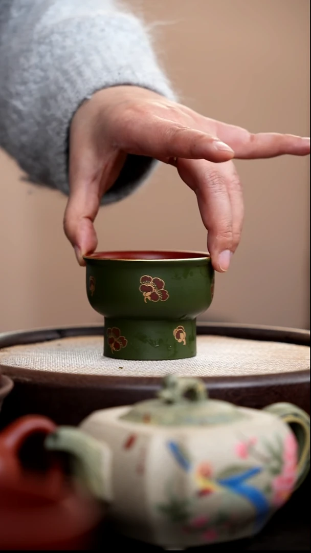 茶壶紫砂民国绿粉浆高脚杯金边