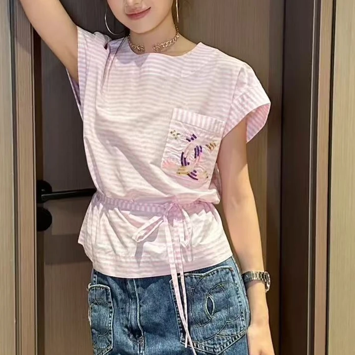 99新 Chanel/香奈儿 34码24C粉白条纹亮片双C无袖上衣