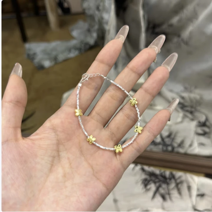 老鳯祥 925银手链 新中式古法描金蝴蝶碎银手链中秋礼物