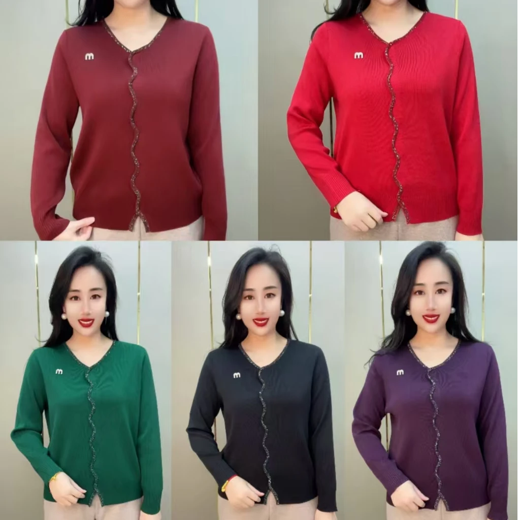 88013款V领波浪纹烫钻针织套头衫