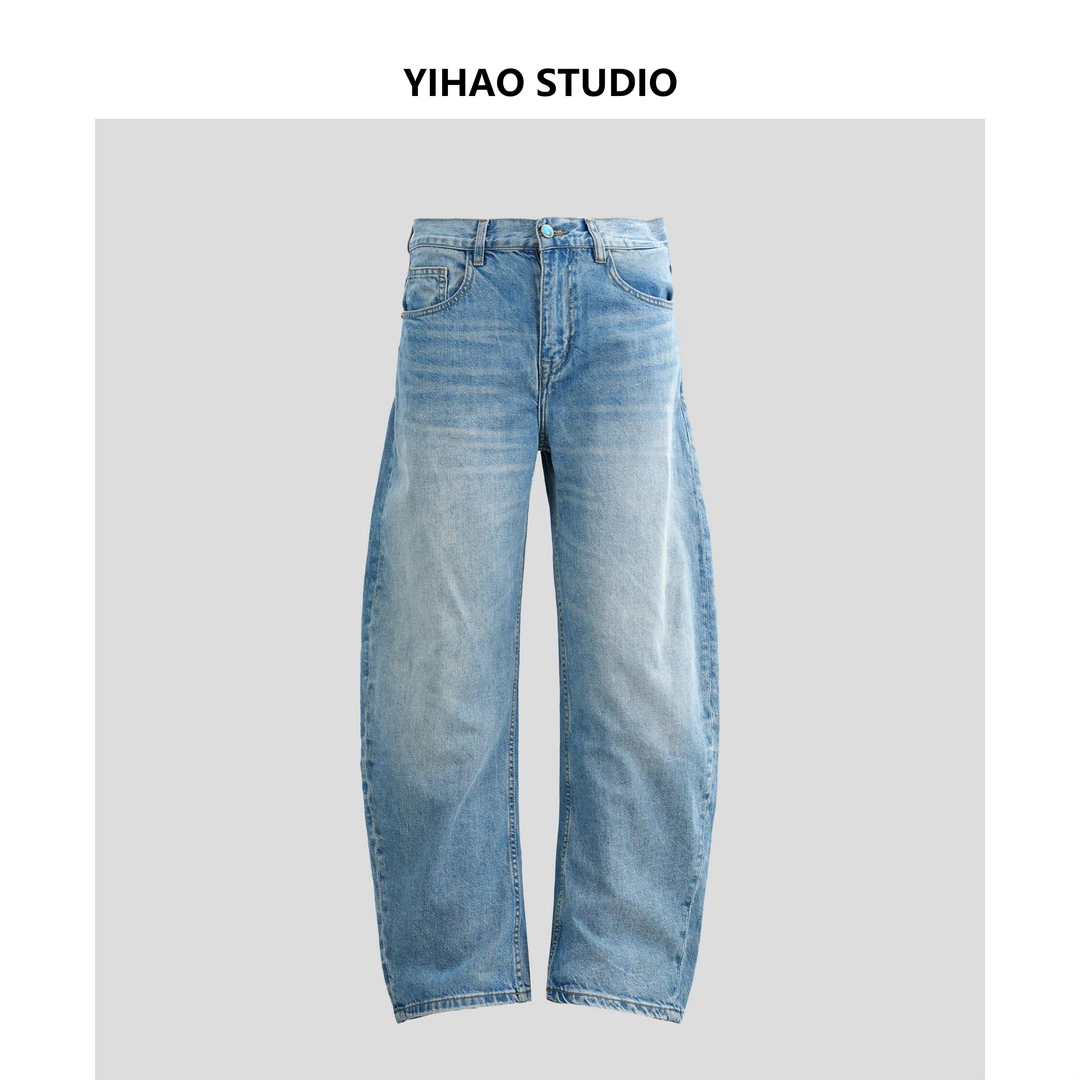 YIHAO STUDIO夏季新款男士洗弯刀牛仔裤美式休闲宽松百搭水洗长裤