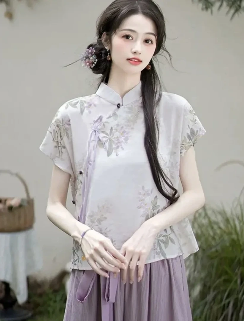 新中式国风上衣女夏季新款小飞袖紫色复古618小衫改良版盘扣衬衫