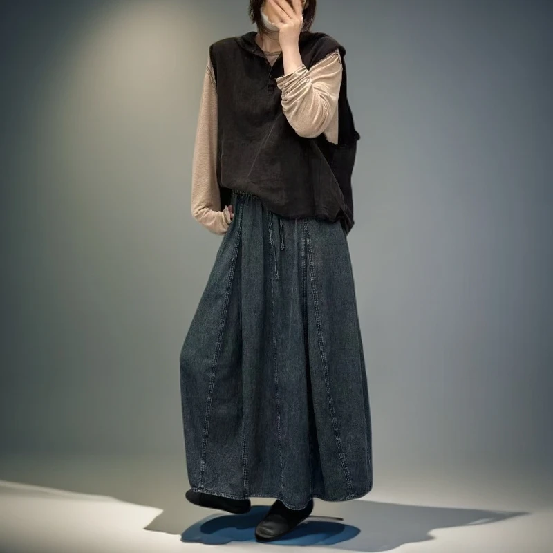 2025秋款女韩板潮复古时尚宽松松紧腰拼接牛仔百搭中长款显瘦半裙