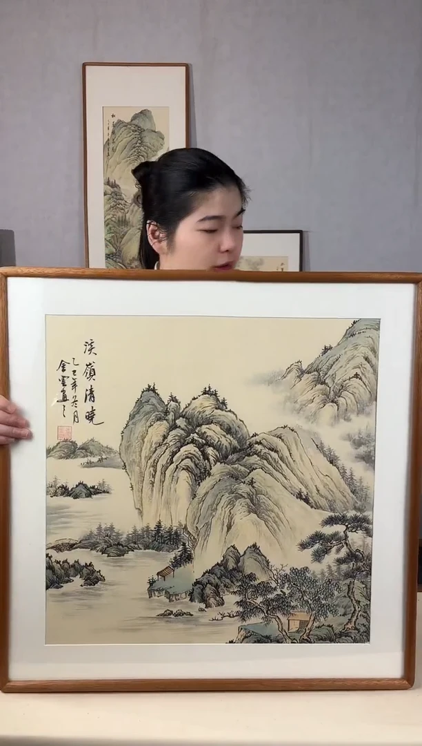 国画手绘*溪岭清晓*62*62cm发黑胡桃色框*介意勿拍