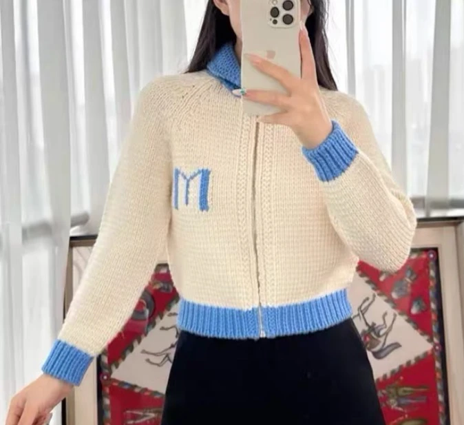 99新 MIU MIU/缪缪 HW0625 拼色火车嵌花羊毛立领针织外套 36码