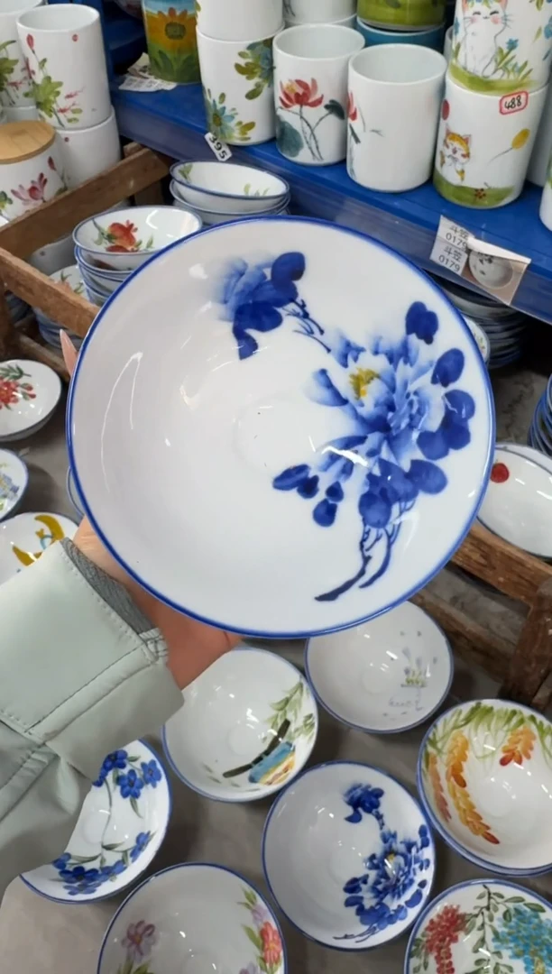 瓷片景德镇高温陶瓷食品级手绘釉中彩-斗笠碗