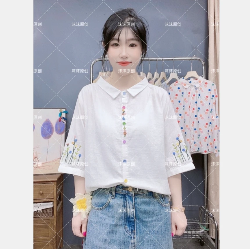 沫沫原创  2025夏装新款文艺复古刺绣彩扣双层棉纱宽松百搭衬衫女