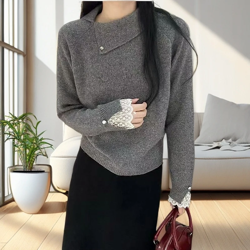 高级感拼蕾丝软糯设计感不规则翻领毛衣针织衫长袖韩系新款百搭女