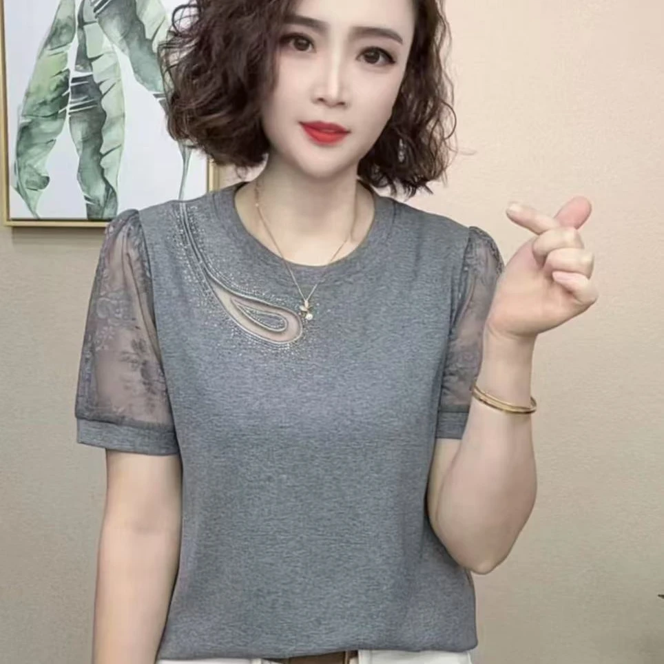 2025夏季新款时尚洋气百搭圆领镂空显瘦百搭短袖女T恤上衣#3658