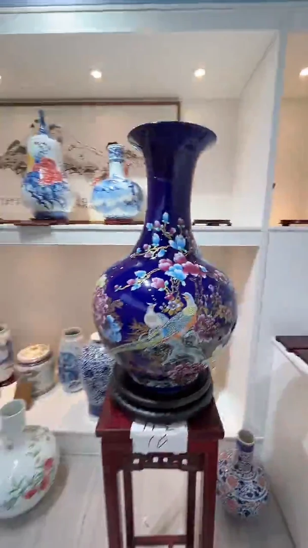 摆件高约59蓝锦鸡瓶