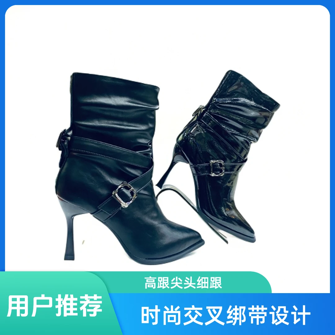 尖头时尚9996女鞋百搭细跟筒靴时装靴高跟细跟女靴短靴漆皮黑色