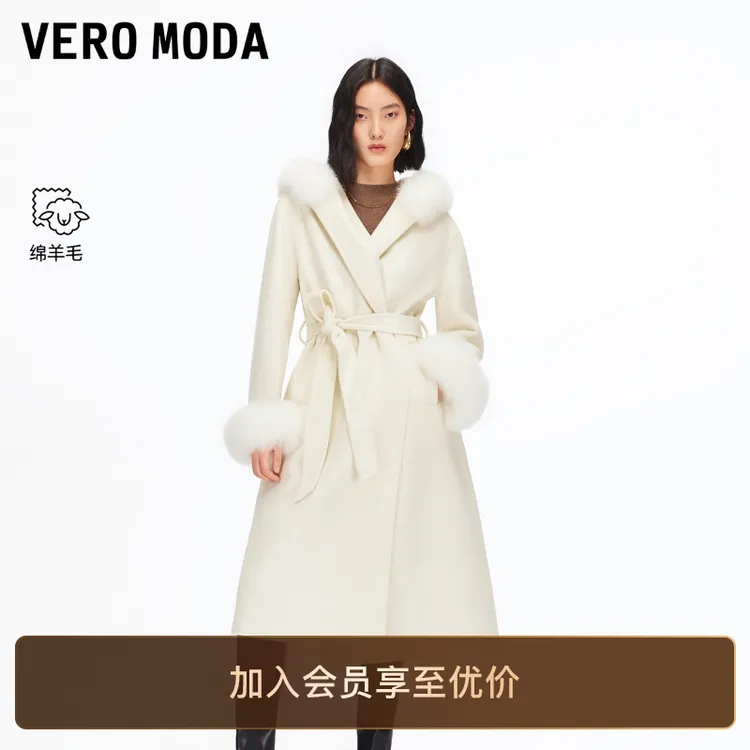 Vero Moda毛呢大衣2025秋冬新款纯绵羊毛狐狸毛领袖口洋气外套