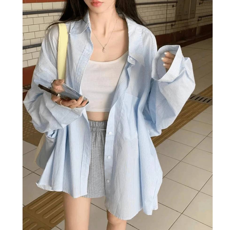 【五色】蓝色条纹polo领衬衫女慵懒休闲长袖上衣宽松中长款防晒衬衣