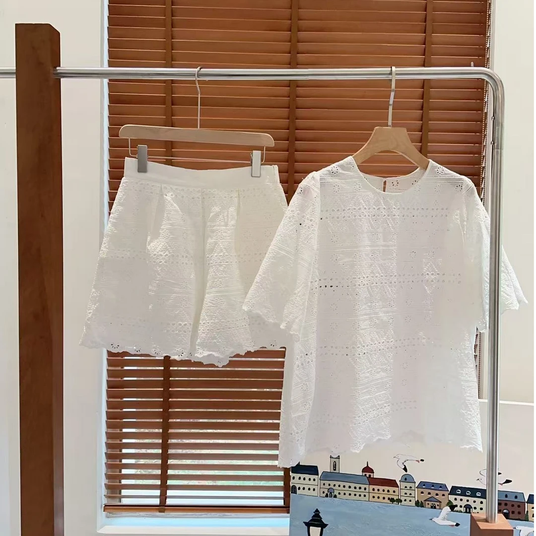 波西米亚风时尚白色夏季100%棉重工刺绣镂空短袖短裤套装SS251354