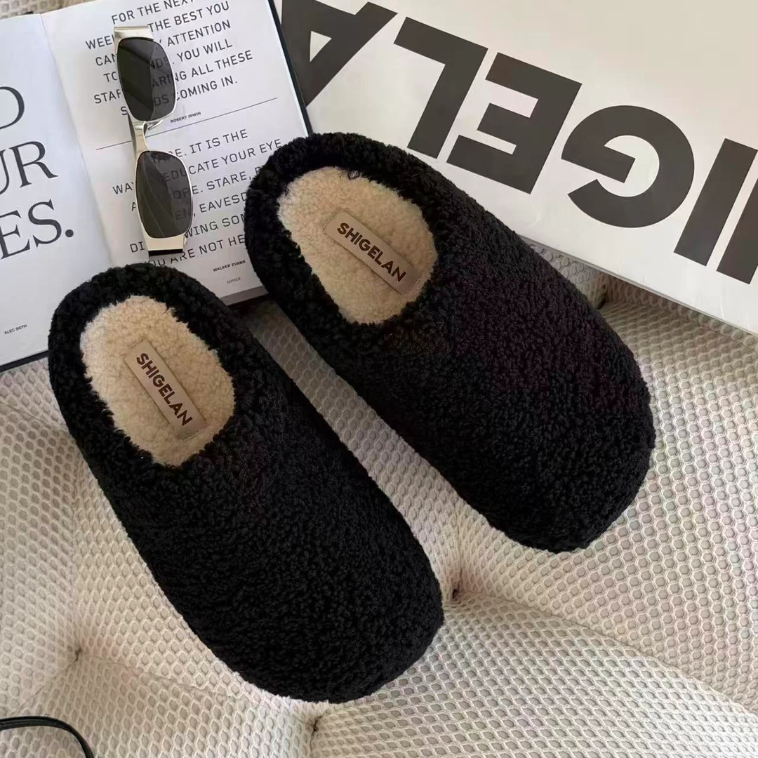 诗歌兰女鞋2025冬新款时尚复古羊羔毛百搭厚底居家保暖休闲毛毛鞋