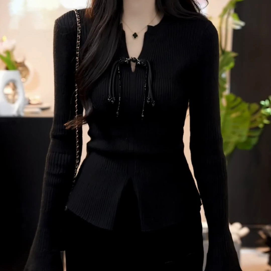 秋冬新款新中式国风黑色盘扣长袖百搭显瘦针织衫