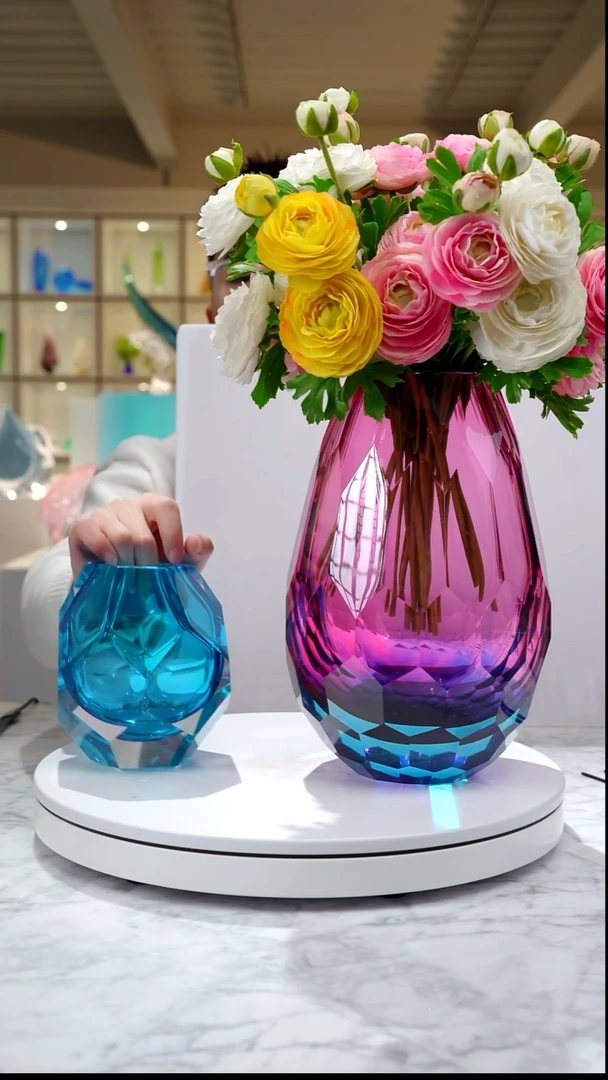 手工艺品琉璃金红蓝切面设计款花器+宝石蓝切面香薰瓶