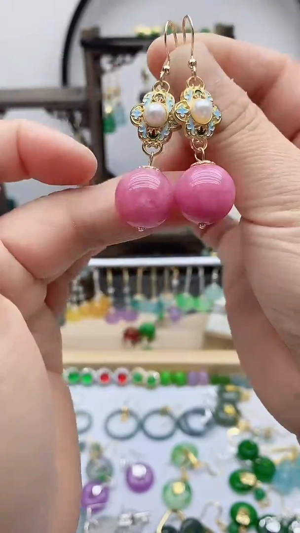 14K金镶嵌菱锰矿（红纹石）耳饰55